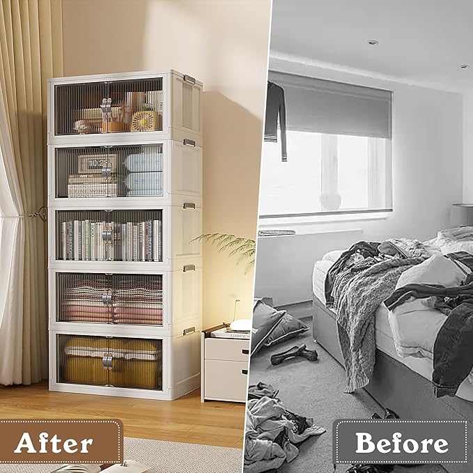 SAILUN 145Gal/580Qt Stackable Storage Bins Folding Collapsible Storage Bins with Lid, Closet Organizers and Storage, Grey 26" W x 17" D x 71" H