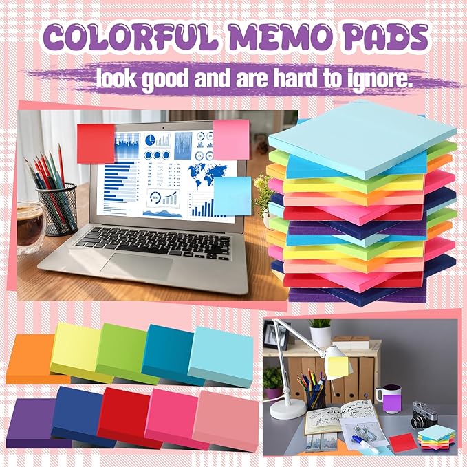 Zubebe 200 Pads Sticky Notes Bulk, Bright Colors Notepads Self Stick Note Square Memo Post Sticky for Office School, 45 Sheets/pad(3 × 3 Inch)