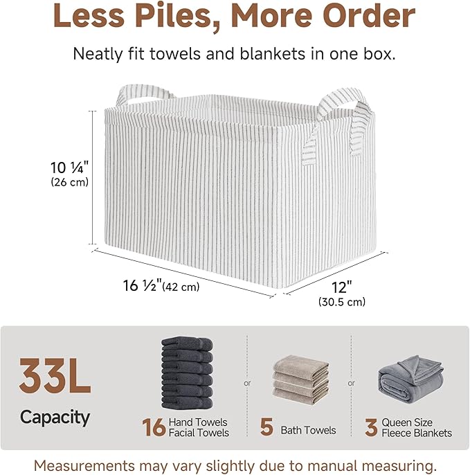 StorageWorks Storage Bins, Fabric Storage Bins for Shelves, Large Storage Baskets with Metal Frame, Closet Baskets and Bins with Handles, Khaki and Beige Stripes, 2-Pack