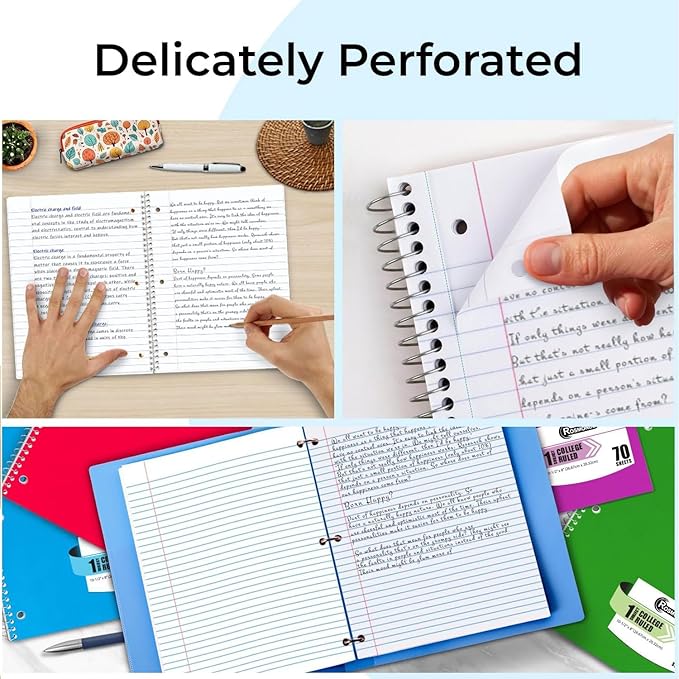 50 Pack, 1 Subject Spiral Notebook College Ruled Bulk, 140 Pages (70 Sheets), Thick No-Bleed Paper, 8 x 10-1/2", 3 Hole Punched, College Ruled Notebook 1 Subject Bulk, Subject Notebook