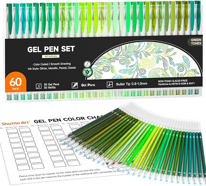 Shuttle Art 60 Pack Green Tone Gel Pens, 30 Green Tone Gel Pens with 30 Refills for Adults Coloring Books Journaling Drawing Nature, Landscapes, Animals Scenes