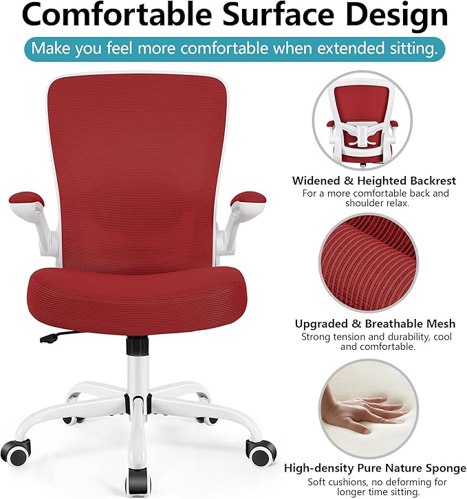 FelixKing Office Chair, Ergonomic Desk Chair Breathable Mesh Chairs with Adjustable High Back Lumbar Support Flip-up Armrests, Executive Swivel Comfy Task Computer Chairs for Home Office Fire Brick