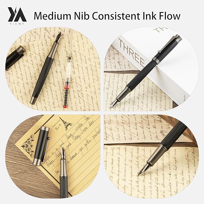 Fancy Fountain Pen Set – Fine & Medium Nibs, Includes 18 Ink Cartridges, Ink Converter, Syringe Filler, Luxury Gift for Writing, Journaling & Calligraphy,Black