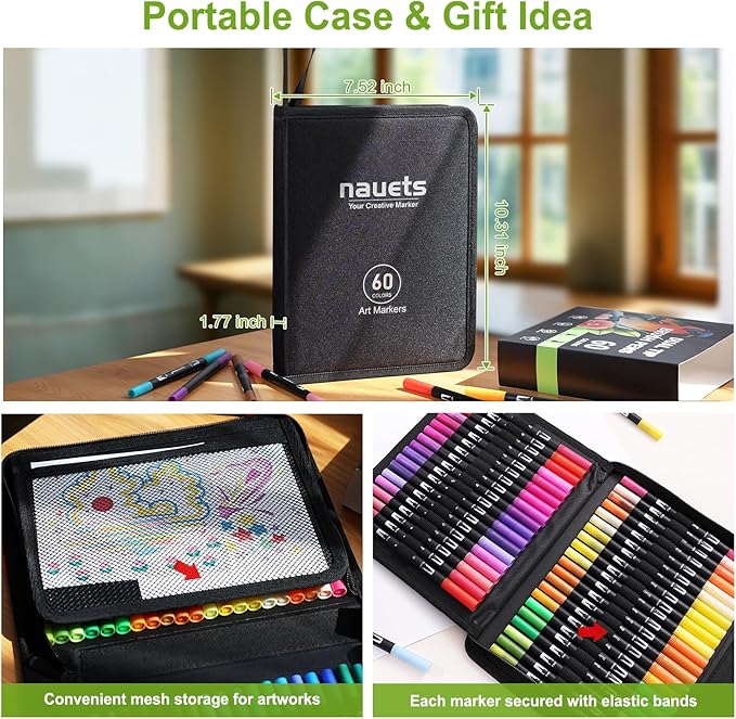 nauets 60 Colors Brush & Fine Dual Tip Watercolor Markers Set for Kids Adults Coloring Books No Bleeding Paint Pens For Drawing Note taking Planner Calligraphy Journaling Card Making Art Supplies