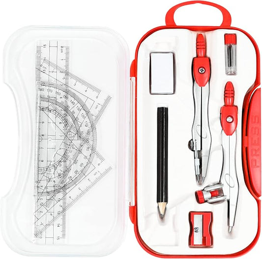 10 Pieces Math Geometry Kit Set Student Supplies with Shatterproof Storage Box,Includes Rulers,Protractor,Compass,Eraser,Pencil Sharpener,Lead Refills,Pencil,for School and Drawings(Red)