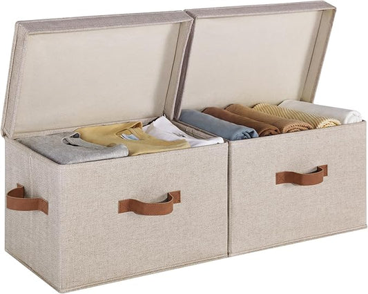 StorageWorks Fabric Storage Bins with Lid, Decorative Storage Boxes for Shelves, Stackable Closet Organizer Basket with Handles, Large, Brown and Beige, 2-Pack