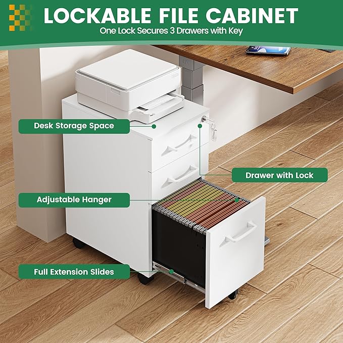 3 Drawer Slim File Cabinet, Mobile File Cabinet with Lock for Home Office, Rolling Narrow File Cabinet, Under Desk Locking Filing Cabinet on Wheels for Legal/Letter/A4 File(Unassembled,White)