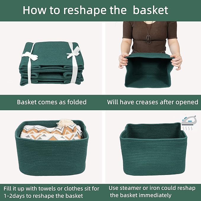 Cotton Rope storage Basket Bins15X10X9.3“ Basket for Organizing Shelves Rectangle Decorative Baskets For storage Clothes Toys Books Towels Square Wicker Nursery basket organizer 3 pack Dark green