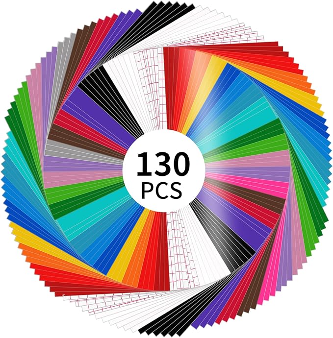 LYA Vinyl 130 Pack Permanent Vinyl - 12 "x12 Self Adhesive Vinyl Sheets,120 Sheets & 10 Transfer Tape Sheets for Cutting Machines and Decor Sticker