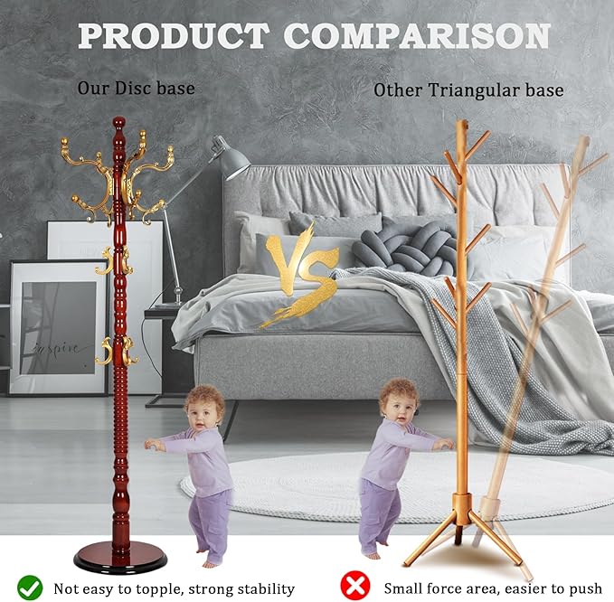 Coat Racks Free Standing with 14 Hooks, Natural Wood Coat Rack with Solid Round Base, Adjustable Height Coat Racks, Easy Assembly for Hallway, Bedroom and Office (Begonia color)