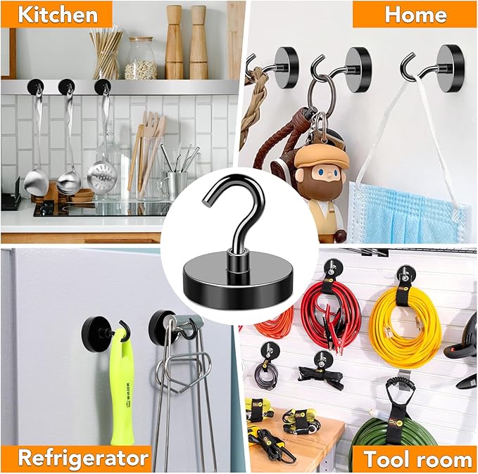 MIKEDE Black Magnetic Hooks Heavy Duty, 170LB+ Strong Neodymium Magnets for Refrigerator, Magnetic Hooks with Epoxy Coating for Hanging, Magnets with Hooks for Cruise, Home, Workplace - 10 Pack