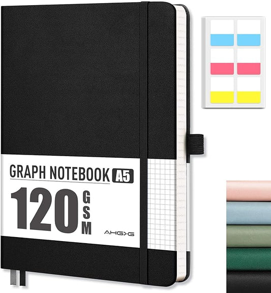 AHGXG Graph Paper Notebook - Grid Notebook Journal A5, 120 GSM Thick Graph Paper, 160 Pages, Leather Hardcover, for Graphing, Writing, Math, Engineering, 5.75'' × 8.38''- Black