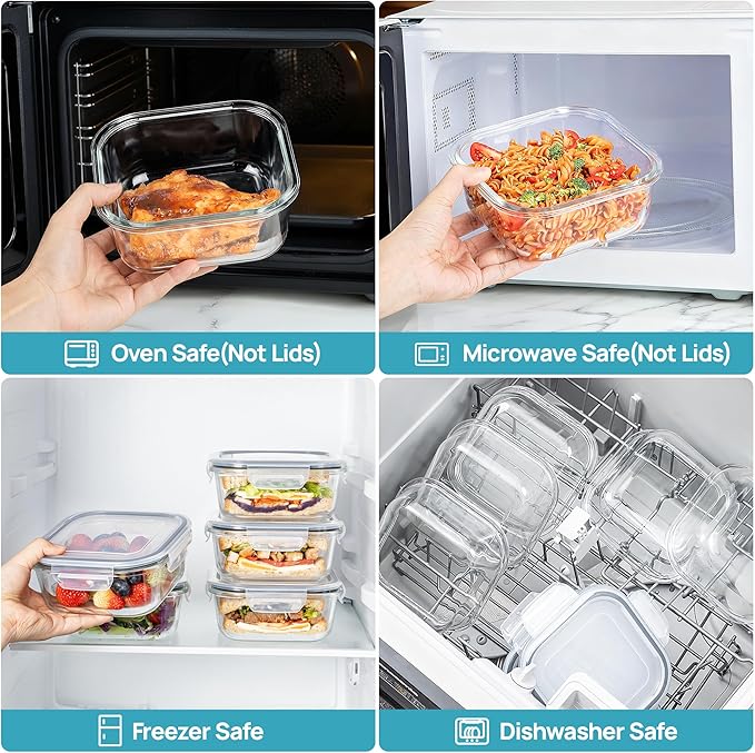 Vtopmart 5Pack 27oz Glass Storage Containers with Lids, Glass Meal Prep Food Container Sets, Sandwich Containers with Snap Airtight Lids for Microwave, Oven, Freezer and Dishwasher, Grey