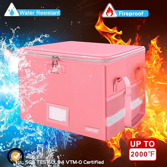 ENGPOW File Box with Lock, Fireproof Document Box with Zipper&Pockets, Collapsible File Organizer Filing Storage Cabinet with Handle, Portable Home Office Safe for Hanging Letter/Legal Folder, Pink