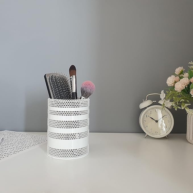Metal Mesh Pen Pencil Cup Holder Stand Office Desk Organizer Stationery Caddy Makeup Brush Holder, White (Large)