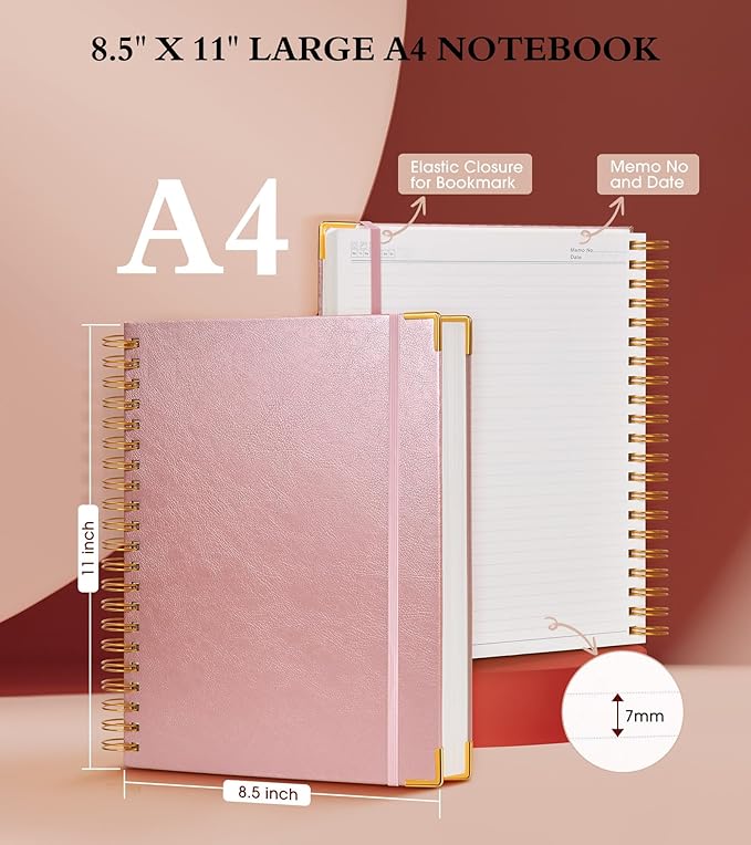 Spiral Notebook Journal 8.5” x 11”, 300 Pages Hardcover Leather Lined Journals for Women Men, A4 Large College Ruled Notebooks with 100 GSM Thick Paper, Spiral Journal for Writing Work School, Pink