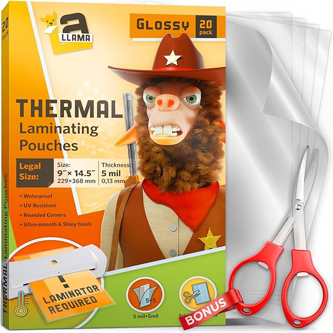 Thermal Laminating Pouches 9ā x 14.5ā, 5 Mil Thick, 20 Pack, Suited for Legal Size Laminating Sheets 8.5 x 14