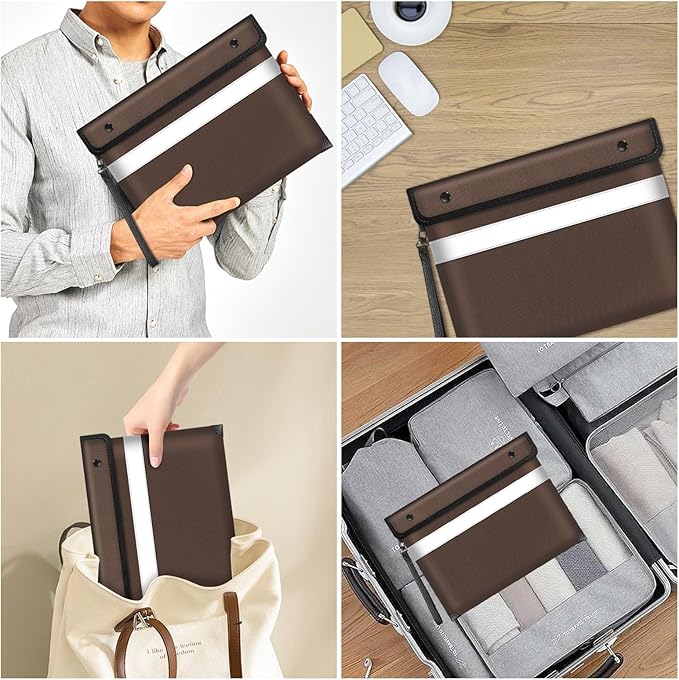 Fireproof Document Bag,5200℉ Insulated Fire Proof Money Bag for Cash,Waterproof Document Pouch with Water Resistant Zipper,8 Layers of Heat Insulated Materials,13.9x10.6 Inch(Brown)