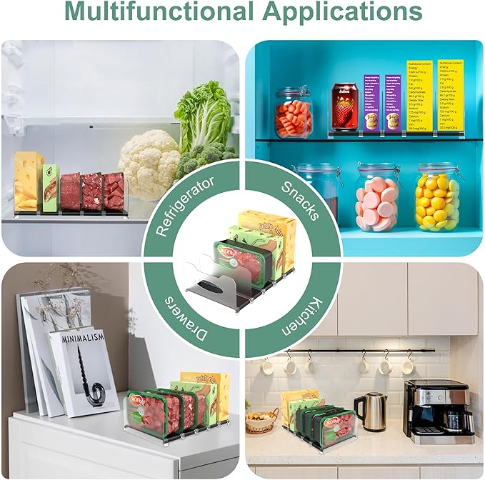 Freezer Organizer 12” Visible Fridge Organizer Rack with Removable Dividers and Handles, Freely Adjustable, Fits Refrigerator Frozen Meals, Lunch Meat Box, Cheeses (Black)