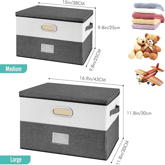 Large Linen Fabric Foldable Storage Bins with Removable Lid and Handles, Washable Storage Box Organizer Containers Baskets Cube with Cover for Bedroom,Office (Coffee&Cream, Large(2-Pack))