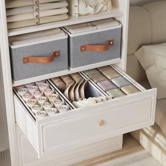 OUTBROS Cube Storage Unit Boxes, Foldable Bins for Bedrooms, Living Rooms, Shelves, Baskets With Handles, Fabric Wardrobe Organiser, Grey, 16.1 x 6.5 x 9.8 inch, 3-Pack