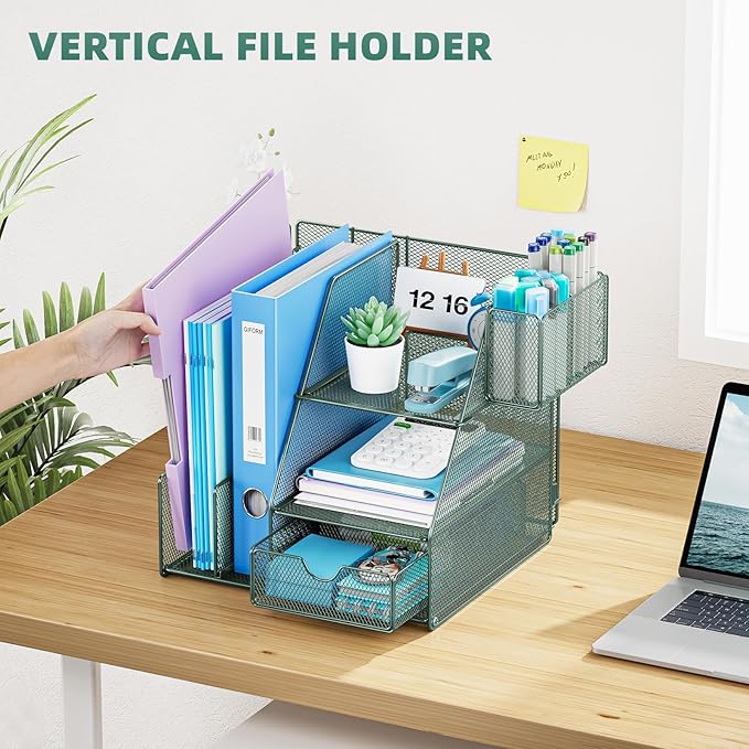 Marbrasse Desk Organizer and Accessories, 3-Tier File Organizer with Drawer and Pen Holder, Small Desktop Organizer and Storage for Workspace Office Supplies Green