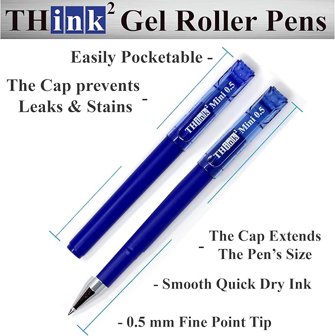THINK2MASTER [24 Pens - Blue Ink Think2 0.5mm Pocketable Mini Gel Pens. (24 Blue) Fine Point Small Rollerball Pens with Smooth Quick Drying Ink.