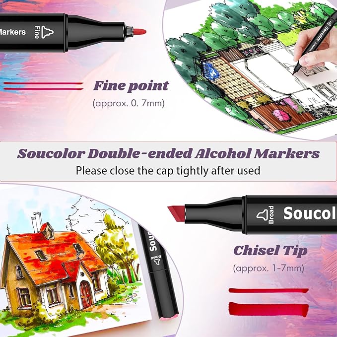 Soucolor Alcohol Markers, 131 Dual Tip Permanent Artist Art Markers for Adult Coloring, Sketching and Illustrations, with Case for Easy Storage, Alcohol Based Markers for Book Painting and Card Making