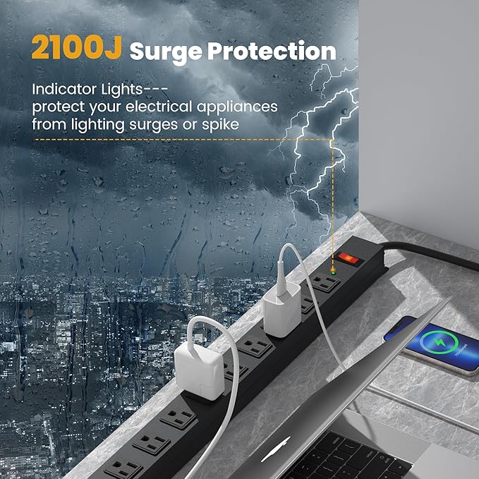 12 Outlet Long Power Strip Surge Protector with 2100 Joules, 6FT Power Cord, Wide Spaced Outlet Power Bar, Overload Protection Switch, Industrial Heavy Duty for Work Bench, Shop, Garage (Black),2 Pack