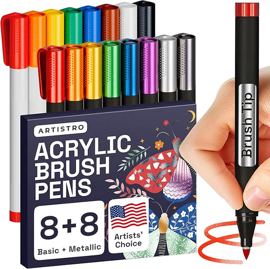 Acrylic Paint Pens Brush Tip, 8 Metallic & 8 Basic Colors Acrylic Paint Markers. Calligraphy Brush Set for Rock Painting, Scrapbooking, Sumi Brush, Lettering, Card Making, Sketching, Black Paper, DIY