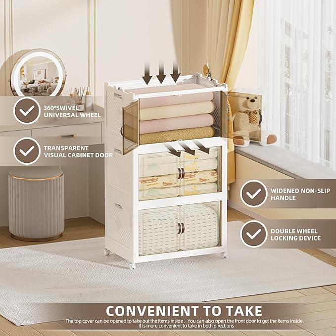 312 QT / 78 Gal Large Foldable Stackable Plastic Storage Cabinet with Double Magnetic Doors, Leather Handles & 4 Wheels - Organize Home, Office, Closet