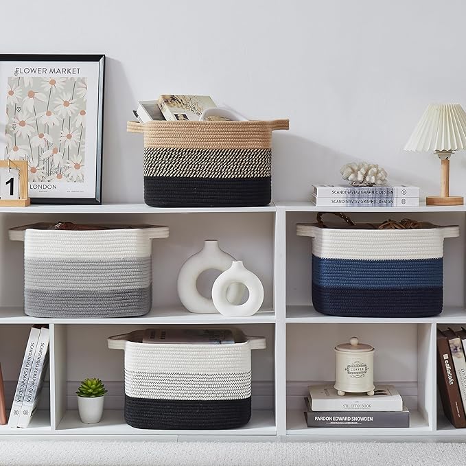 Storage Basket for Organizing, Woven Baskets for Storage, Rectangle Decorative Baskets for Shleves, Closet, Toys, Books, Nursery Organizer Bins - Pack of 3 (Gradient Gray, 13"x9.85"x8.7")