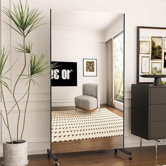 Brisafe Home Gym Mirror 71'' x 40'' - Rolling Safety Mirror for Dance Studio & Yoga, Ultra Clear Nano Material Full-Length, Oversized Shatterproof Floor Mirror With Wheels, 13LBS, Black