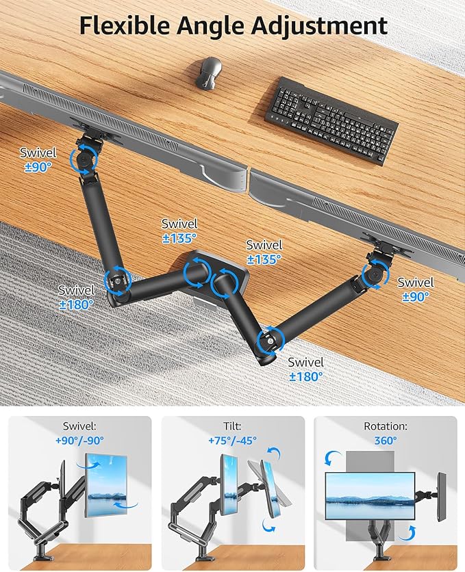 MOUNTUP Dual Monitor Mount Holds 4.4-26.5lbs, Heavy Duty Monitors Arm for 39 37 34 32 27inch, Gas Spring Monitor Stand for 2 Monitor, Height Adjustable Monitors Desk Mount with C-Clamp&Grommet Base
