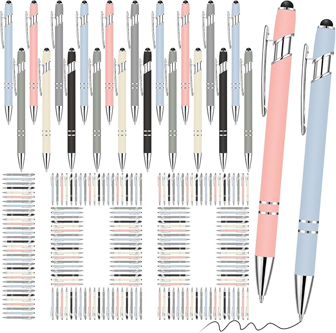 Yeaqee 100 Pieces Ballpoint Pen with Stylus Tip Click, 2 in 1 Black Ink, 1.0 mm Medium Point Stylus Metal Pen for Touch Screen Tablet (Mixed Colors)