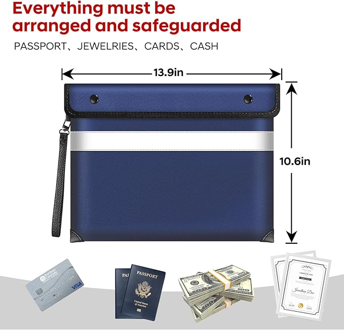 5200°F Heat Insulated Fireproof Document Bag with Zipper,13.9”x10.6” Water Fire Proof Pouch with Reflective Strip,8 Layers of Protective Materials Fireproof Money Bag for Cash,Jewelry(Blue)