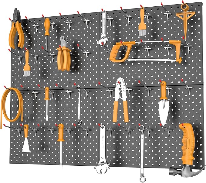 TORACK Metal Pegboard Panels and Hooks for Garage, Workbench, Shop, Shed Tool Organizer Peg Board with 1/8" & 1/4" Holes, Modular Wall-Mounted Pegboard with Pegboard Hooks(Black)
