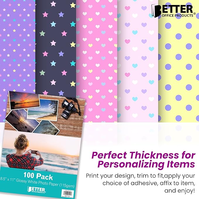 Better Office Products Thin Glossy Photo Paper, 100 Sheets, 8.5 x 11", 30 lb, 115gsm, Inkjet Photo Paper, for Brochure Printing, Custom Chip Bag Party Favors, Letter Size, 100-Count Pack