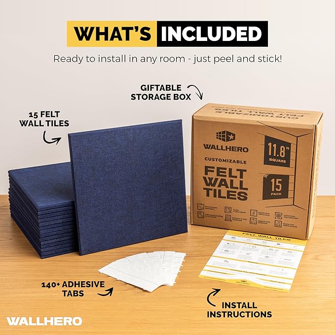 Large Cork Board Alternative | 15 Pack | Sizing Up to 59βx36β, Felt Wall Tiles, Office Wall Decor, Large Cork Boards for Walls, Corkboard, Cork Board for Office, Pin Board, Blue