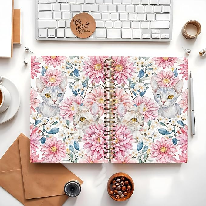 Sphynx Cat Notebook Journal, Cat Lover Gifts for Women Men, funny Black Cat Gifts for Girls, Pink Floral Cat Peel Spiral Notebook, Cat Notepad 5.5x8.3 Inch