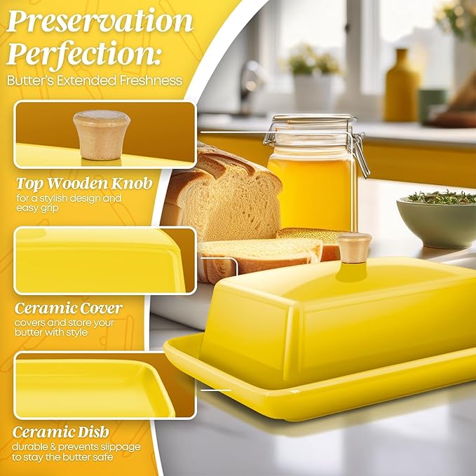 Flexzion Ceramic Yellow European Butter Dish with Lid for Countertop (7 Inch) - Wide 2 Stick Double Butter Holder for Counter, Cream Cheese Container Storage Keeper