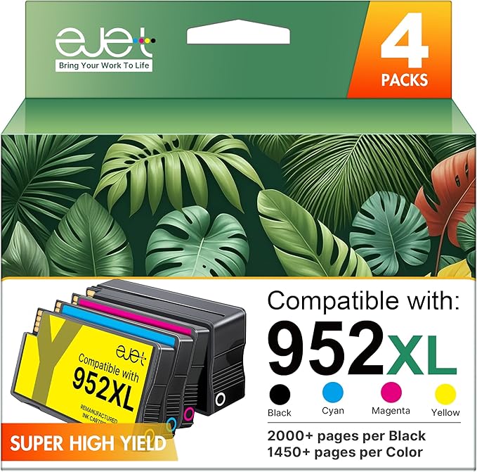 ejet 952XL Ink Cartridges Combo Pack High Page Yield (4-Pack) Compatible for HP 952XL Ink Cartridges Combo Pack | Works Officejet Pro 8702 8710 8720 8210 7740 7720,Black Cyan Magenta Yellow | N9K28AN