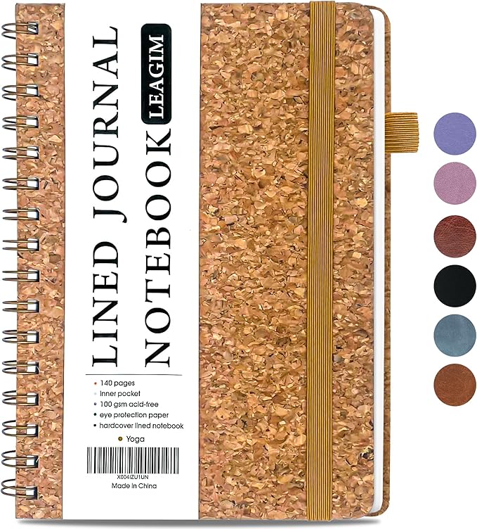 Lined Spiral Journal Notebook for Women & Men, College Ruled Hardcover Notebook for Work & Note Taking, Journals for Writing, Cork Cover, 100 GSM, Business, School, 140 Pages, A5(5.8"x8.5") - Yoga