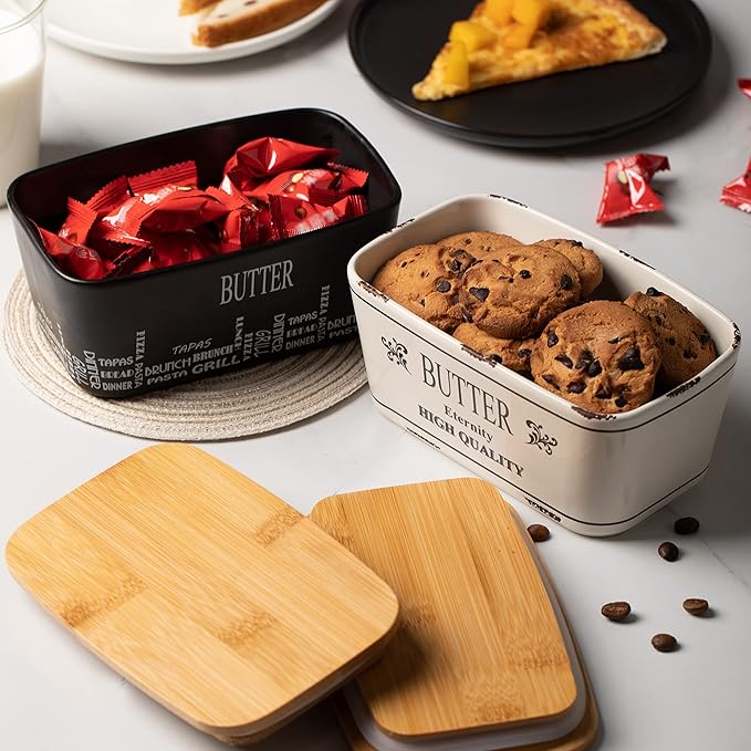 Hasense Farmhouse Butter Dish with Lid for Countertop, Vintage Butter Keeper Holder, Large Container for Fridge with Freshness Seal, Enhance Kitchen Decor, Holds Two Sticks of Butter, White