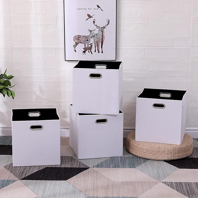 Cube Storage Bins 13×13 Polyester Foldable Box with Handles, Collapsible Organization Basket Set of 4 Large Capacity Drawer for Closet Shelf Cabinet Bookcase Bedroom, White