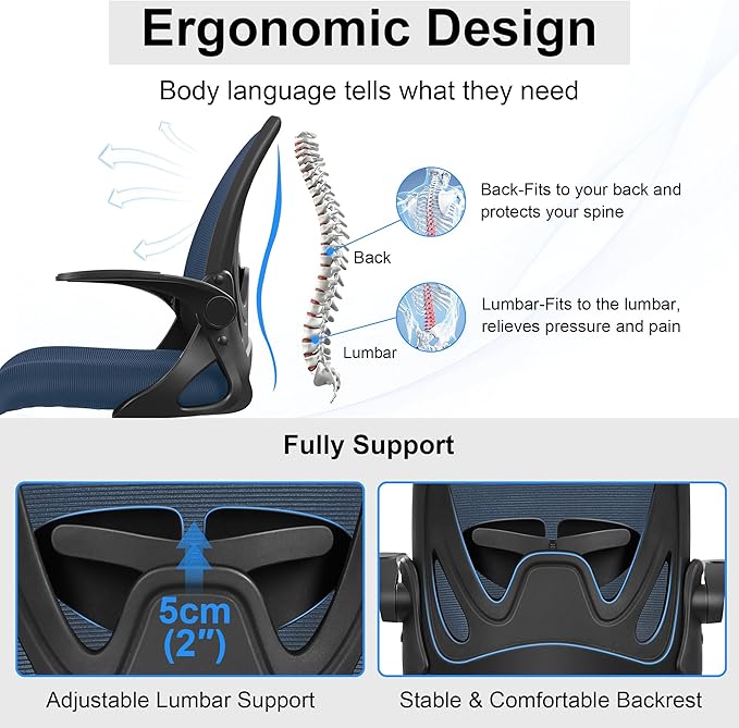 Drafting Chair, Tall Office Chair Ergonomic Standing Desk Chair,with Adjustable Footrest Ring, 3D Lumbar Support, Flip-up Armrests, Swivel Desk Stool for Drawing Working Navy