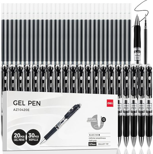 deli Gel Pens, 50 Pcs Retractable Pens Black Ink, 20 Pens with 30 Refills,Medium Point Pen Bulk 0.7mm, Smooth Writing, Fast Dry, No Bleed for Journaling Note Taking, Home School Office Supplies
