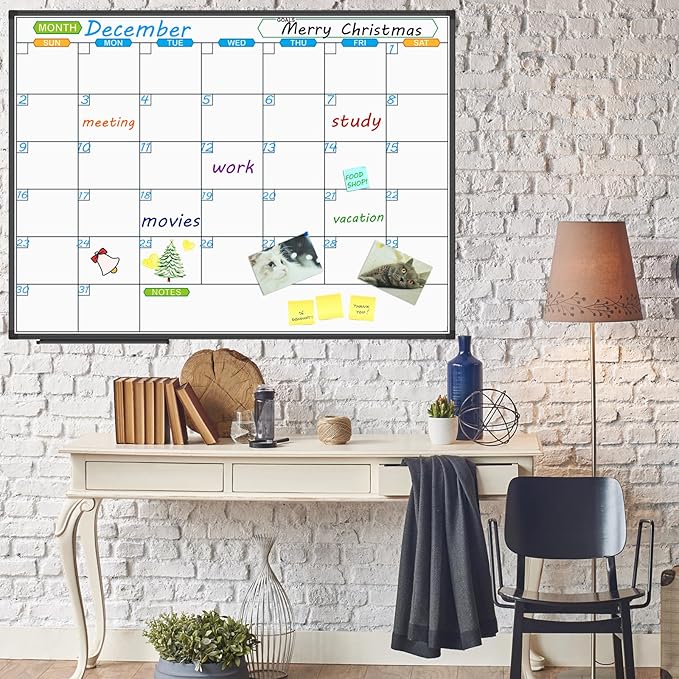 JILoffice Magnetic Dry Erase Calendar Whiteboard, 1 Month White Board Calendar Planner 48 X 36 Inch, Black Aluminum Frame Wall Mounted Board for Office Home and School