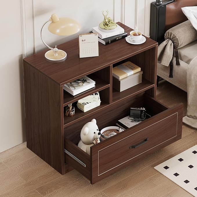 LVB Wood Lateral Filing Cabinet with Drawer, Farmhouse File Cabinet Printer Stand with Storage Shelves, Printer Cabinet Fits A4 Letter Legal Size with Hanging File Folder for Home Office, 32.7" Walnut