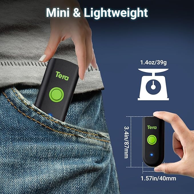 Tera Mini 1D Barcode Scanner: Pocket Waterproof Wireless Laser Scanner 3 in 1 Compatible with Bluetooth USB Wired Portable Bar Code Reader for Store Logistics Work with iOS Windows Android 1100L Green